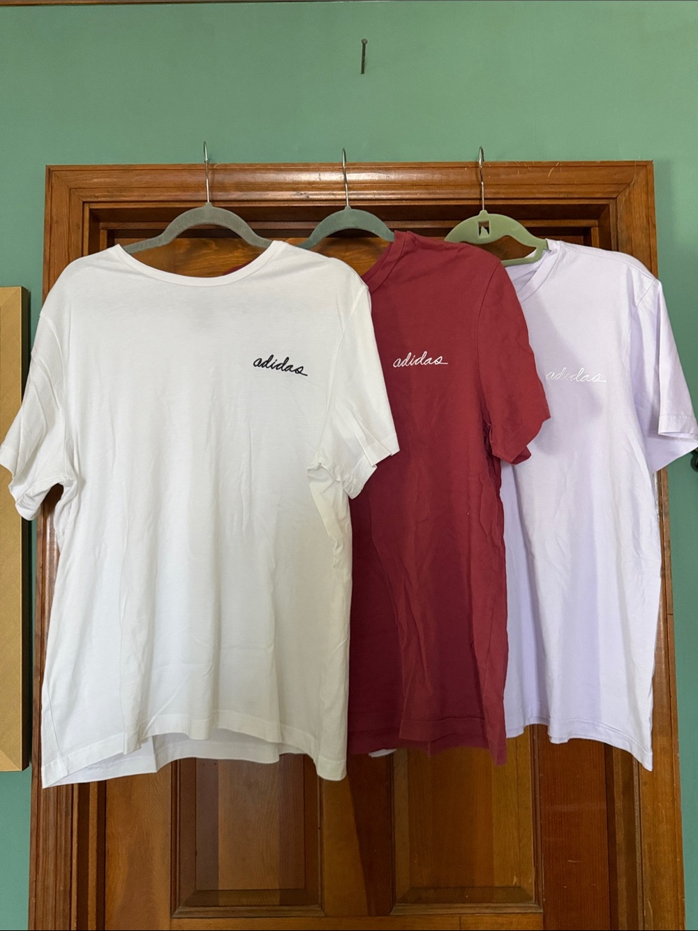 adidas men’s  Script Logo Short Sleeve Tees - White, Burgundy, Lavender
